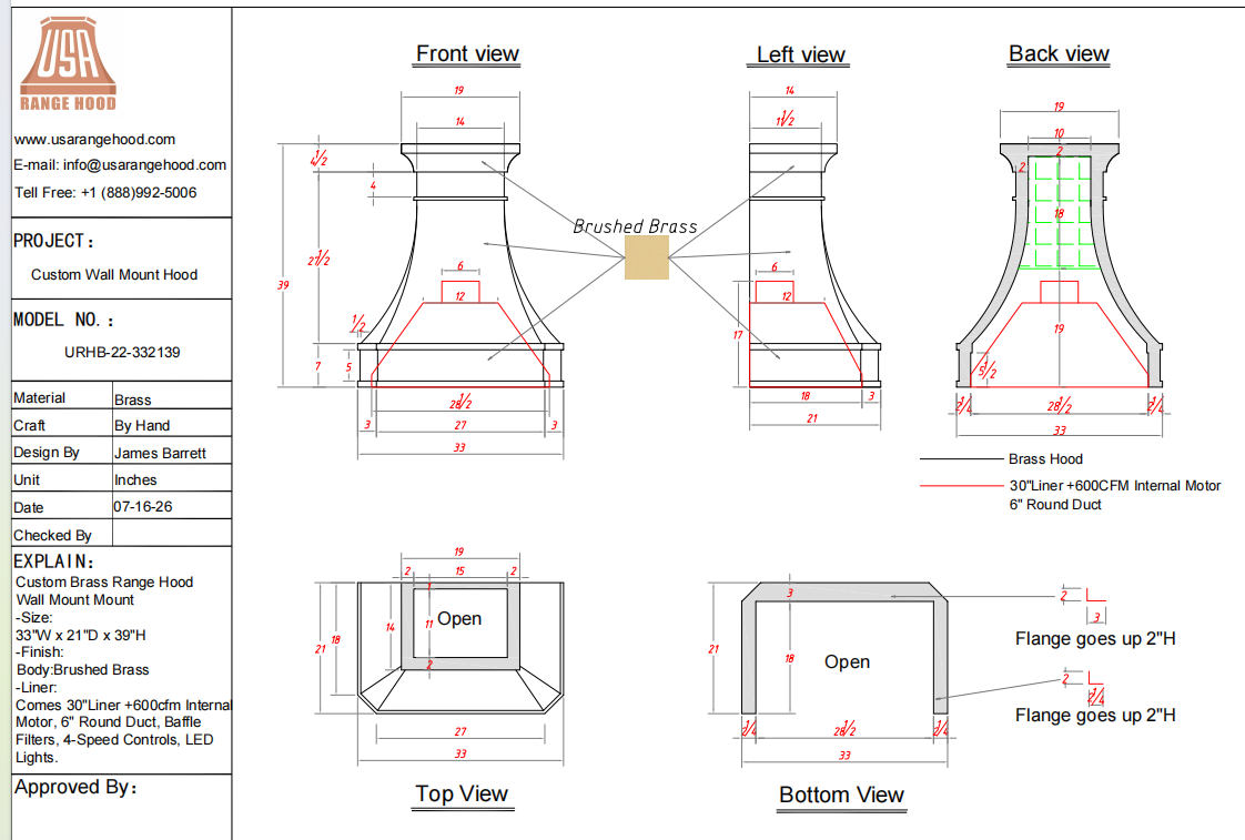 USA Custom Range Hood-URHB-22-Custom Link for Edward