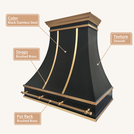 USA Classic Black Stainless Steel Vent Hood with Artisan Brass Straps URHS-232