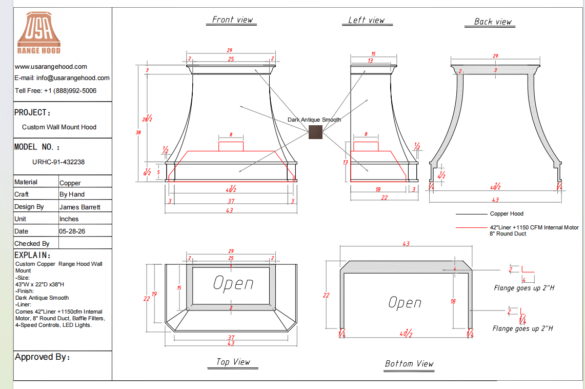 USA Custom Kitchen Hood-URHC-91-Custom Link for Kathy