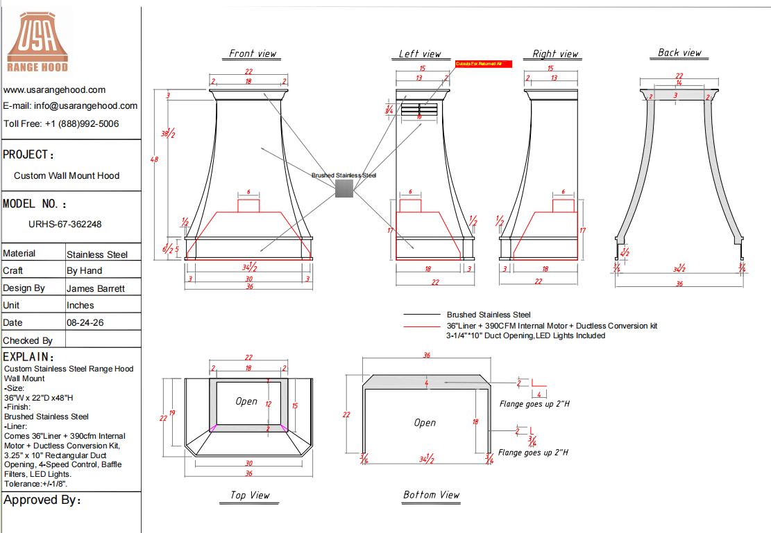 USA Custom Range Hood-URHS-67-Custom Link for Christine