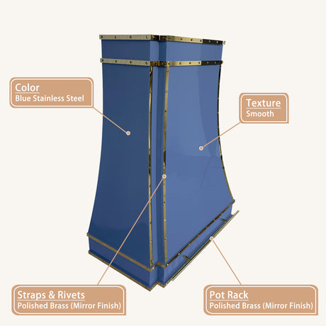 USA Designer Blue Stainless Steel Vent Hood with Brass Details URHS-242