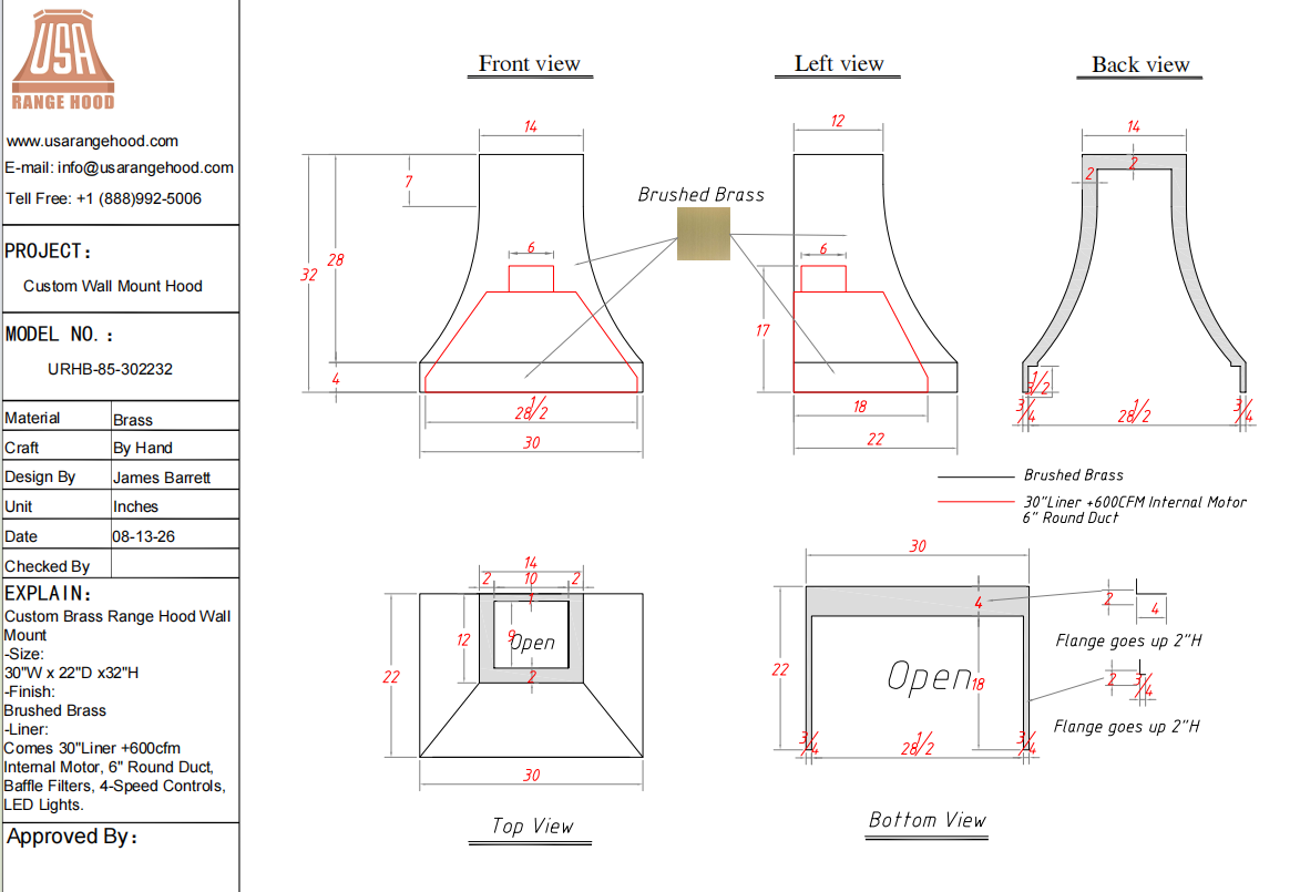 USA Custom Range Hood-URHB-85-Custom Link for Jean