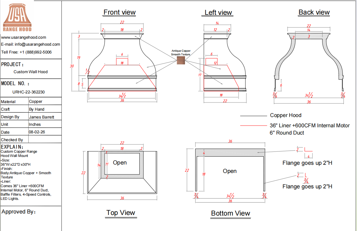 USA Custom Kitchen Hood-URHC-22-Custom Link for Armando