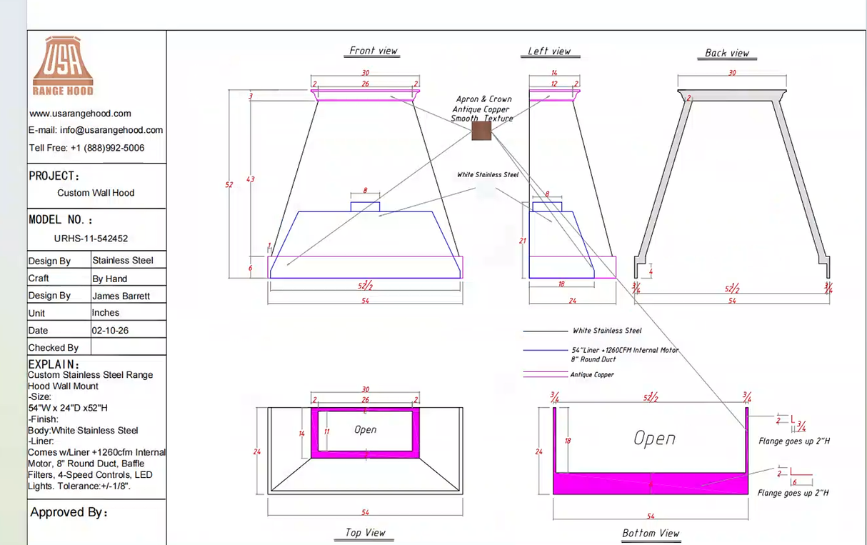 USA Custom Range Hood-URHS-11 Custom Link for Cindy