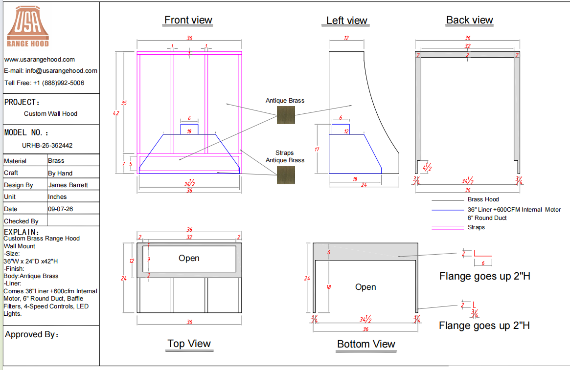 USA Custom Range Hood-URHB-26-Custom Link for Tammy
