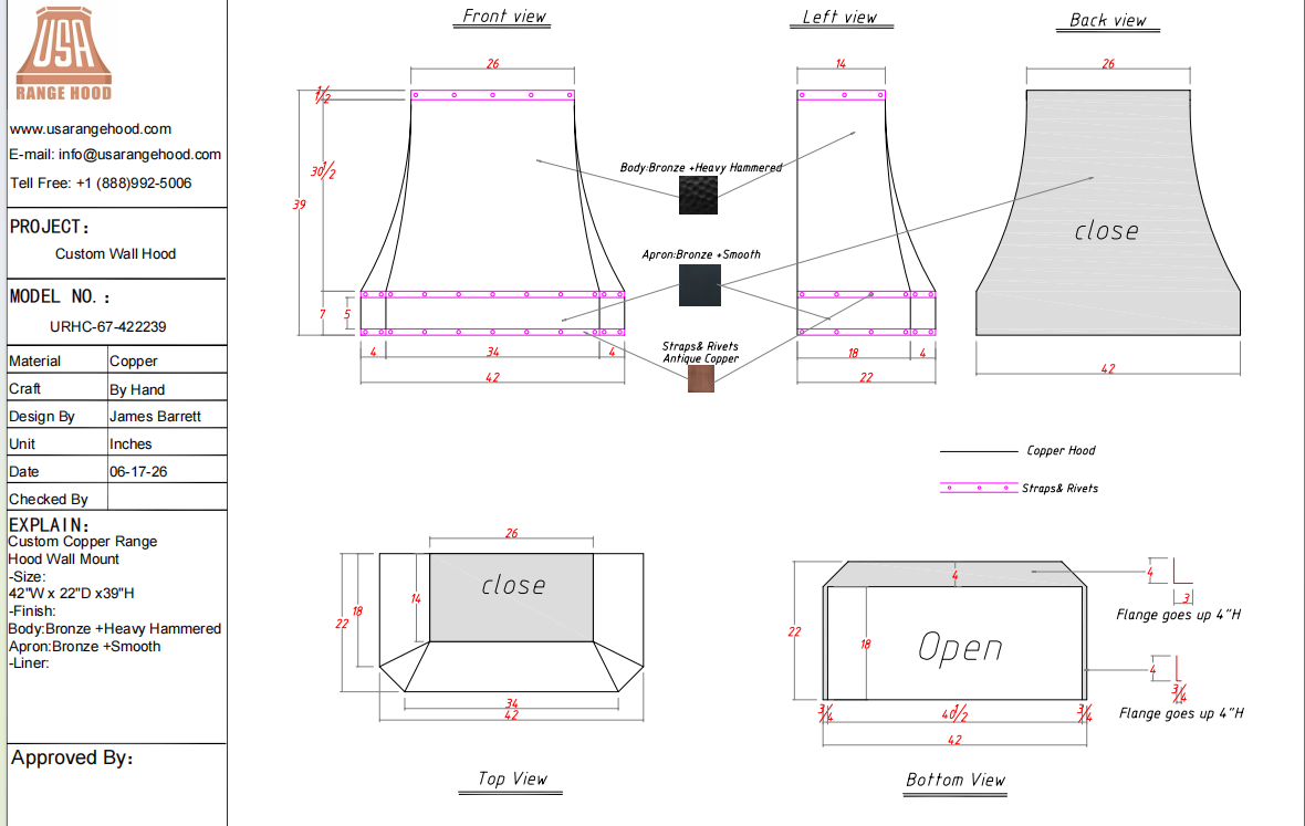USA Custom Kitchen Hood-URHC-67-50% Deposit-Custom Link for Pat