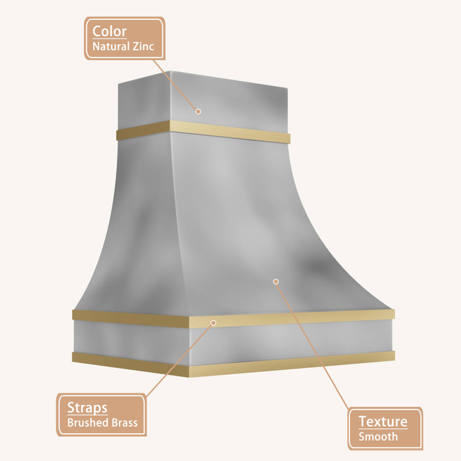 USA Handmade Zinc Kitchen Hood with Artisan Brass Straps URHZ-29