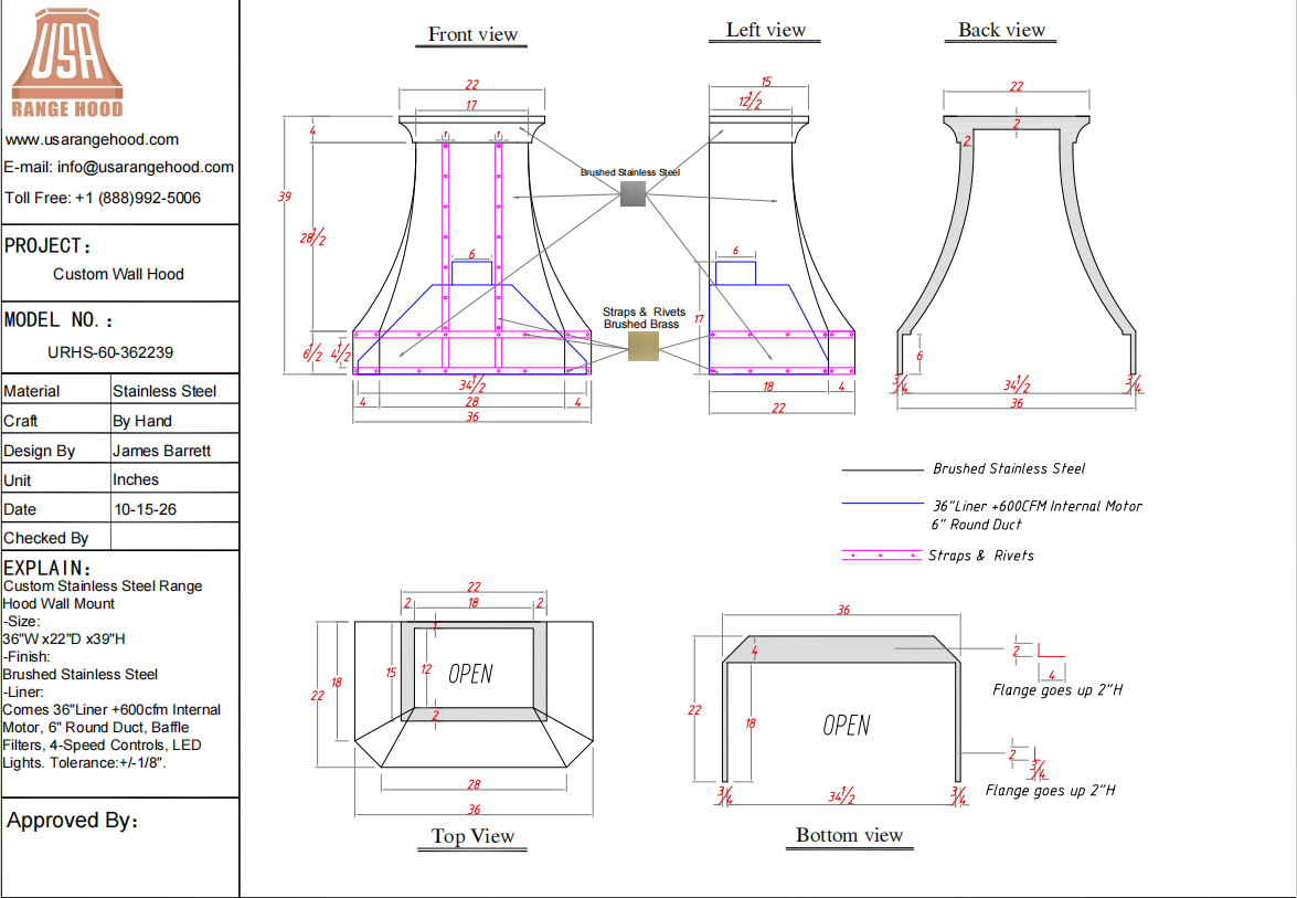 USA Custom Range Hood-URHS-60-Custom Link for Nancy LaCalamita