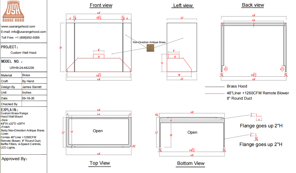USA Custom Range Hood-URHB-24-Custom Link for Sangeetha
