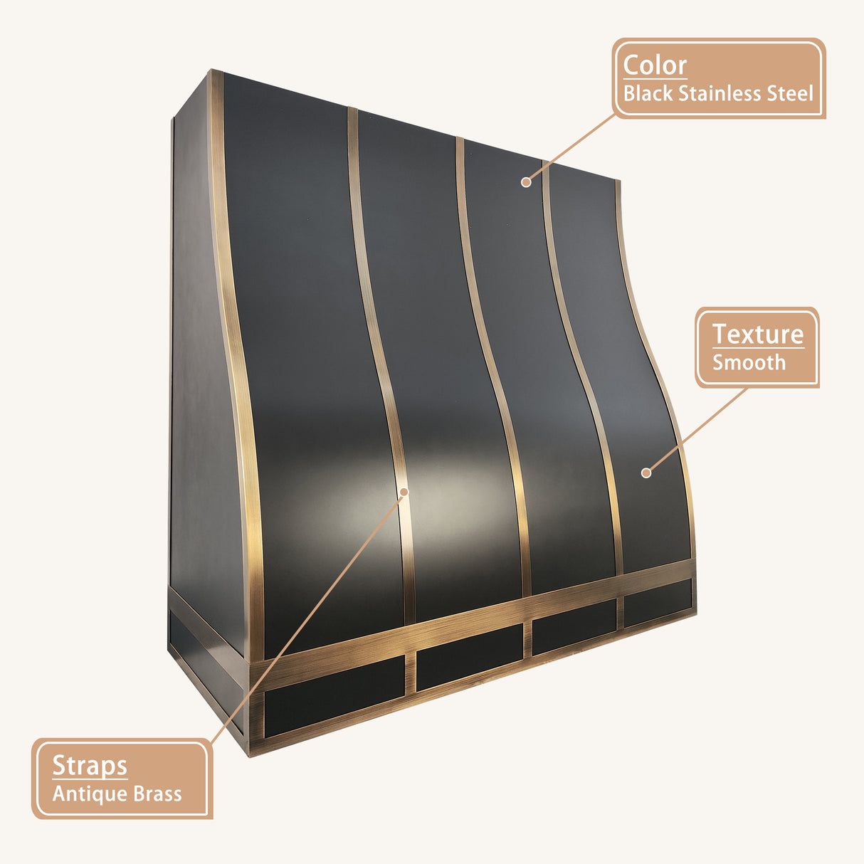 USA Black Stainless Steel Stove Hood with Antique Brass Straps URHS-221