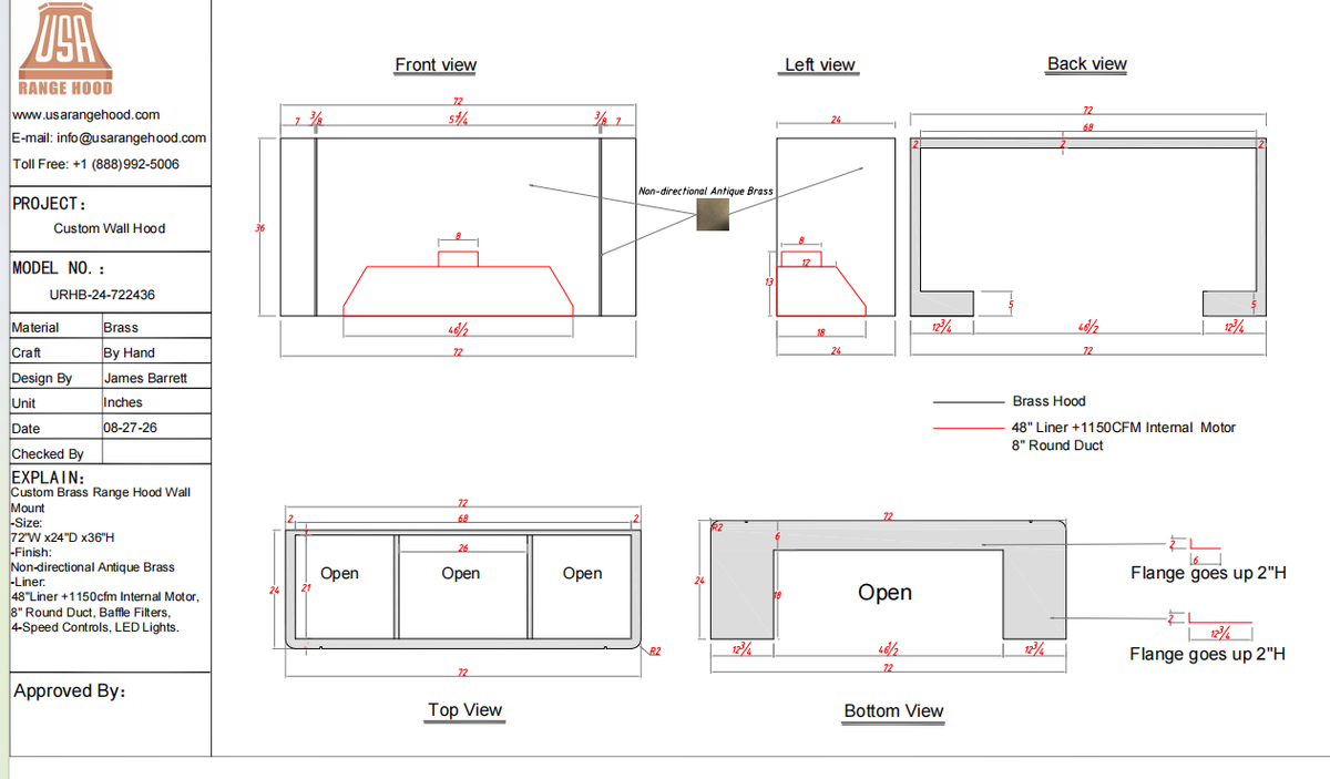 USA Custom Range Hood-URHB-24-Custom Link for Garrett Loomis