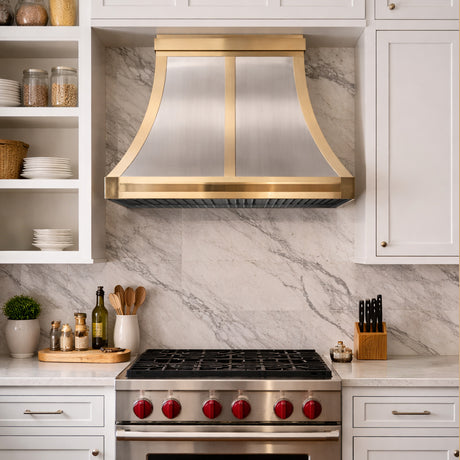 USA Custom Luxury Stainless Steel Range Hood with Brass Trims URHS-01