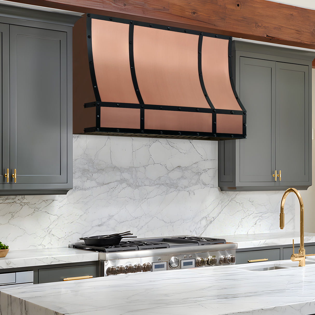 USA Artisan Copper Kitchen Hood with Custom Black Straps URHC-98