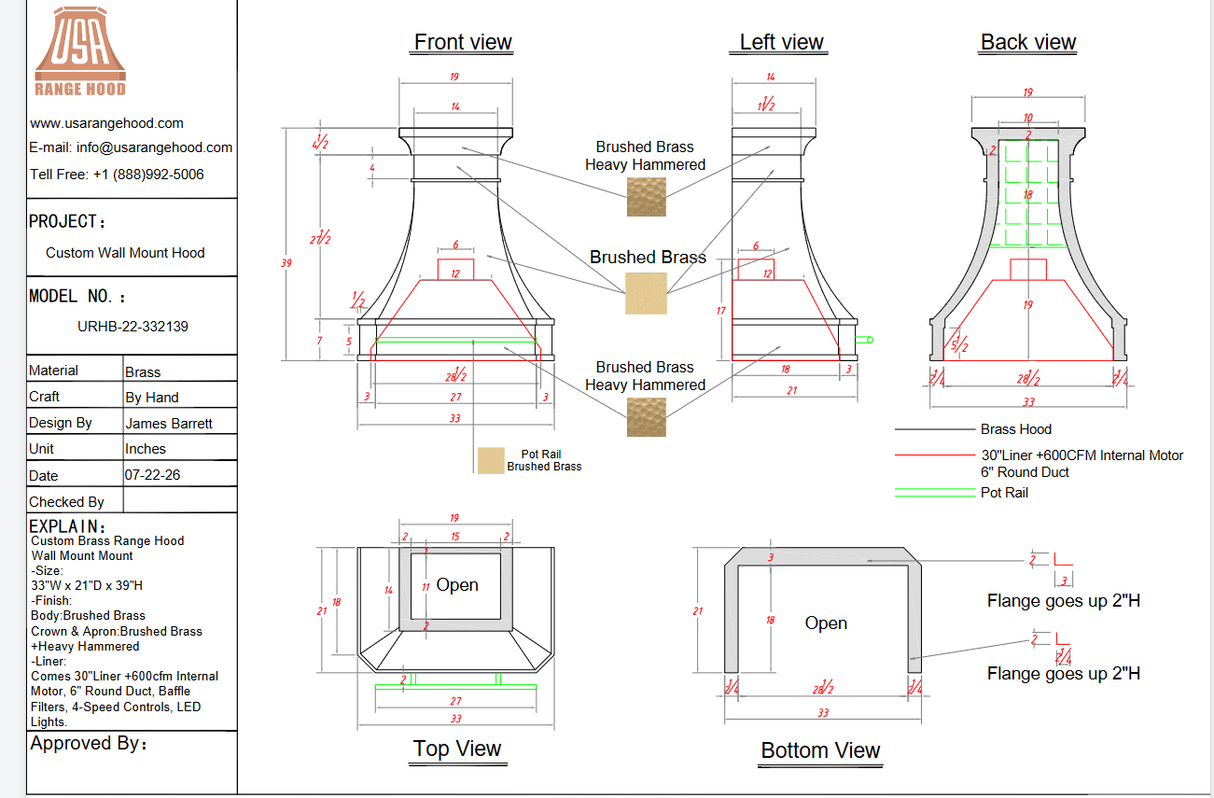 USA Custom Range Hood-URHB-22-Custom Link for Edward