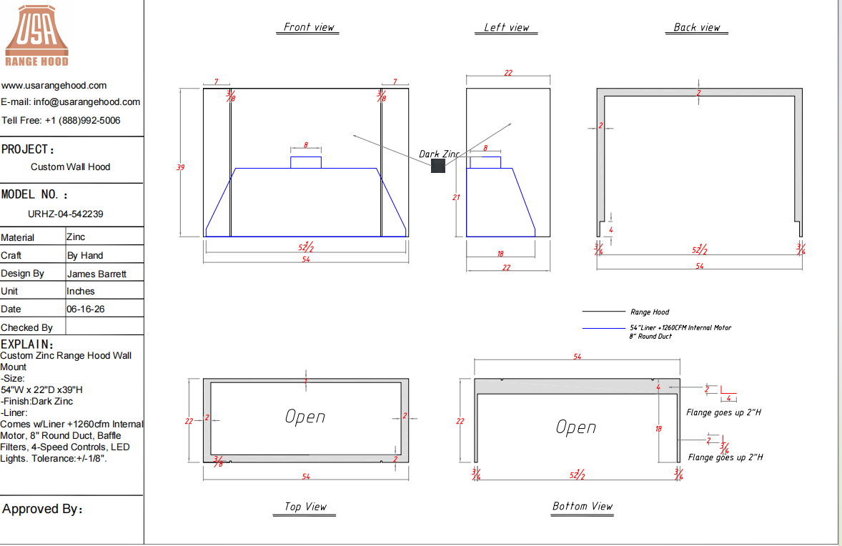 USA Custom Kitchen Hood URHZ-04-Custom Link for Natashia