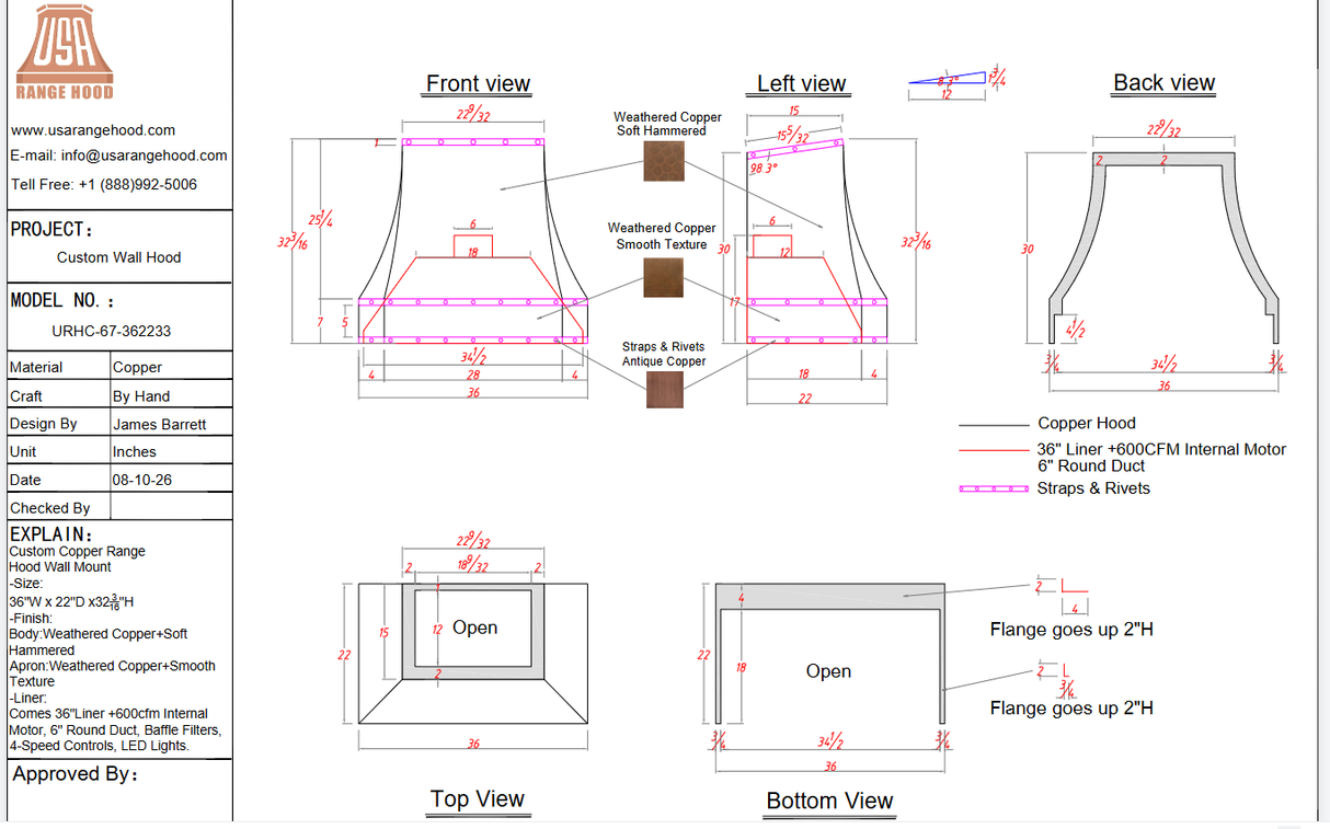 USA Custom Range Hood-URHC-67-Custom Link for Christopher