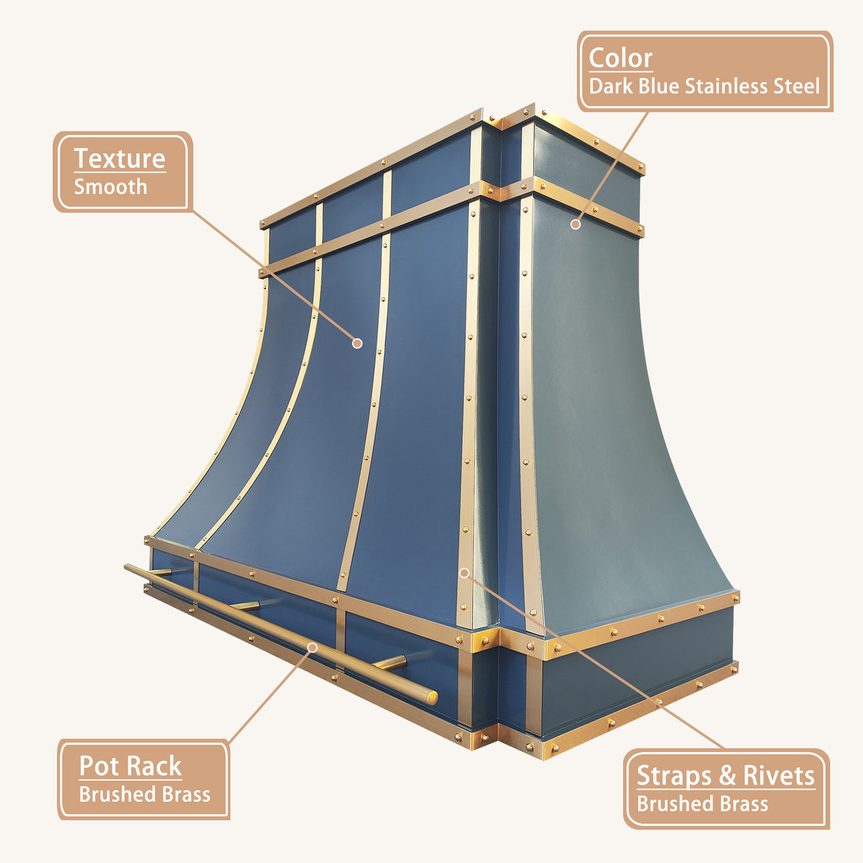 USA Dark Blue Stainless Steel Range Hood with Brass Trim URHS-99