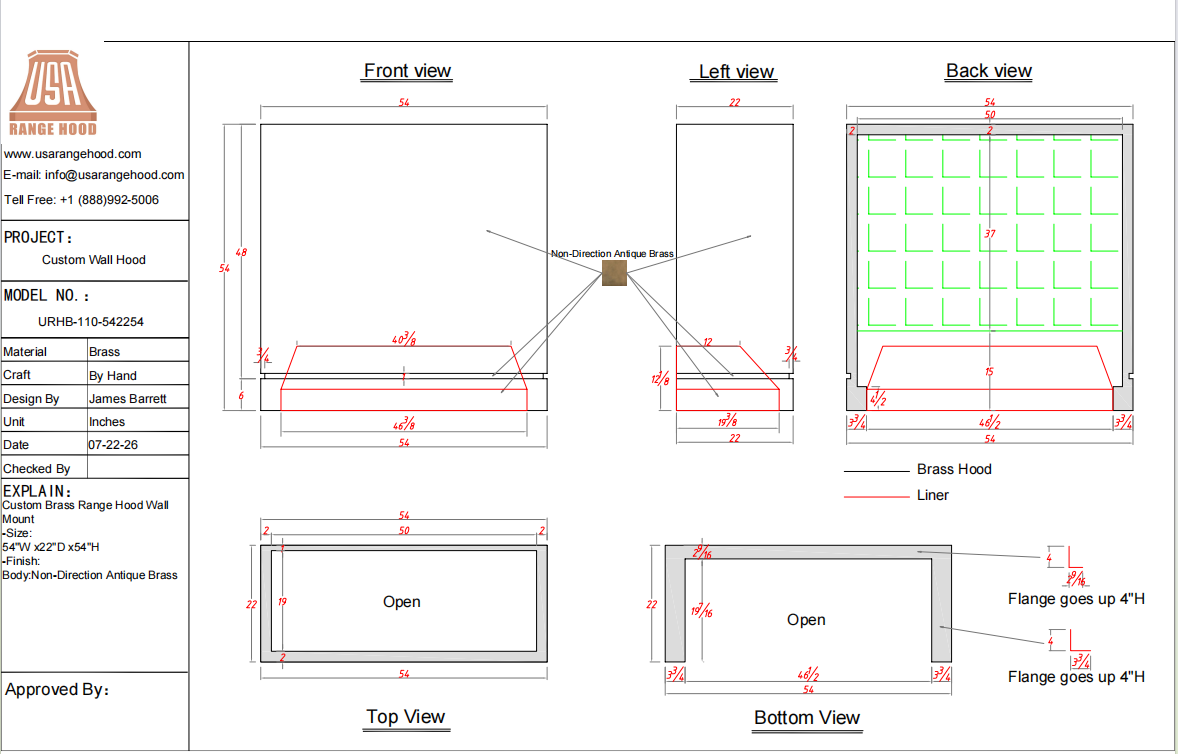 USA Custom Range Hood-URHB-110-Custom Link for Patricia