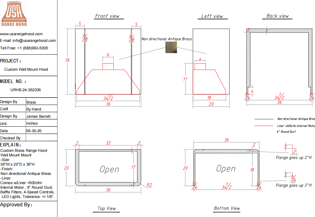 USA Custom Kitchen Hood-URHB-24-Custom Link for Dana
