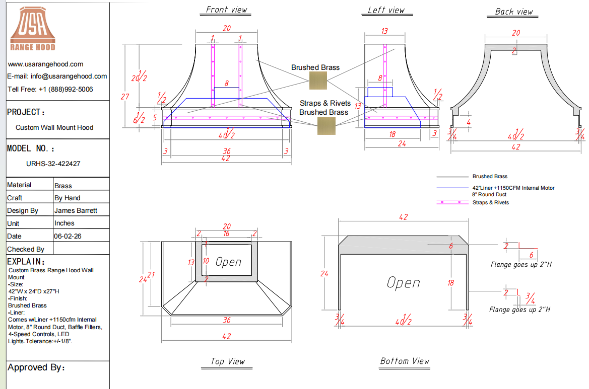 USA Custom Kitchen Hood-URHS-32-Custom Link for Yarden