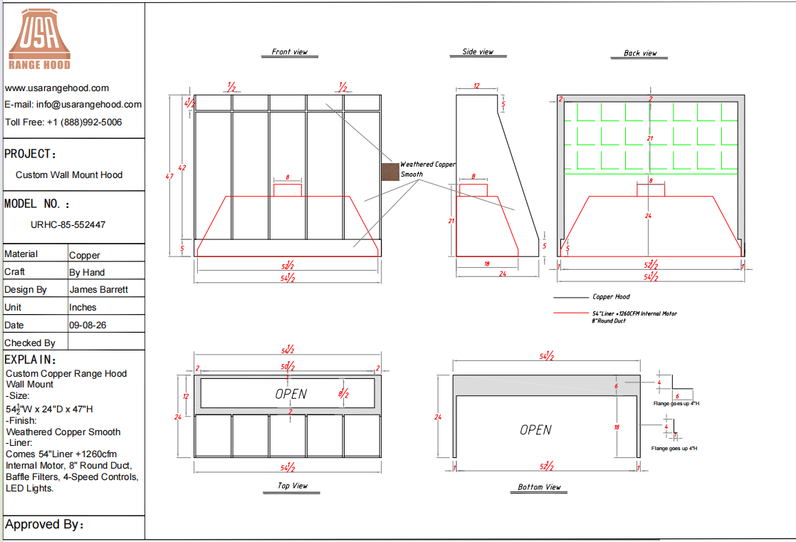 USA Custom Range Hood-URHC-85-Custom Link for Jaime