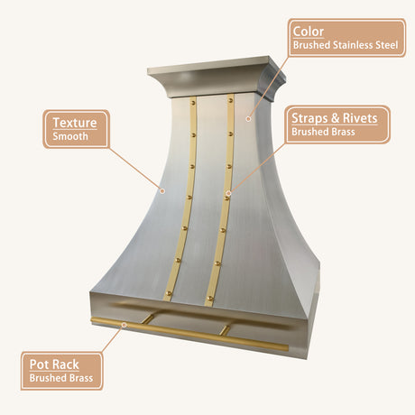 USA Custom Stainless Steel Vent Hood With Handmade Brass Pot Rack URHS-266