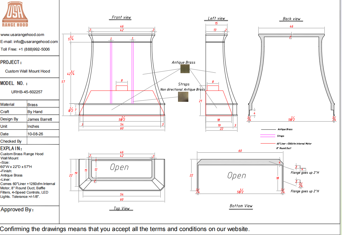 USA Custom Range Hood-URHB-45-Custom Link for Amanda Williams