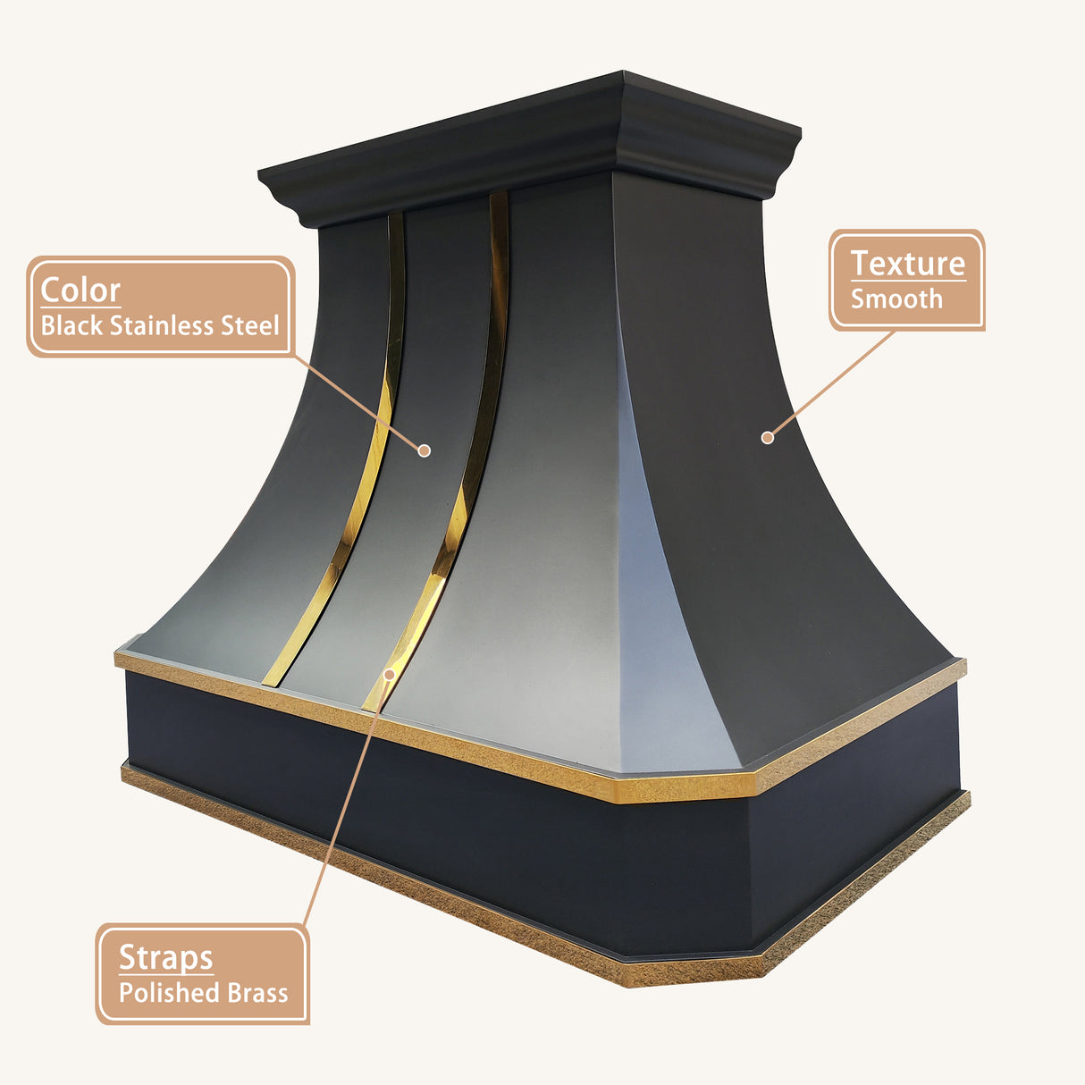USA Premium Black Metal Range Hood with Curved Design & Brass Trim URHS-106