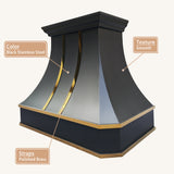 USA Premium Black Metal Range Hood with Curved Design & Brass Trim URHS-106