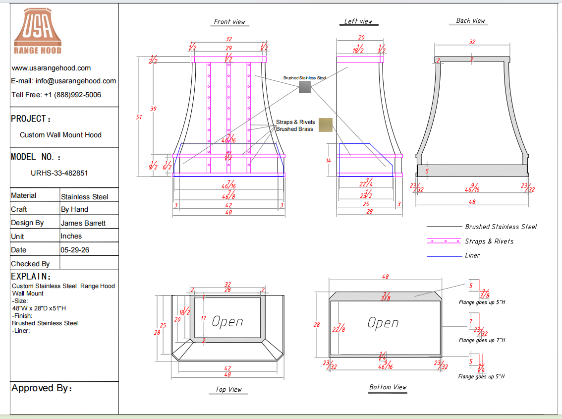 USA Custom Kitchen Hood-URHS-33-Custom Link for Brock