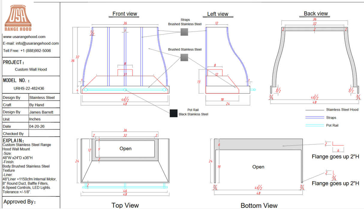 USA Custom Range Hood- URHS22- Custom Link for Alex