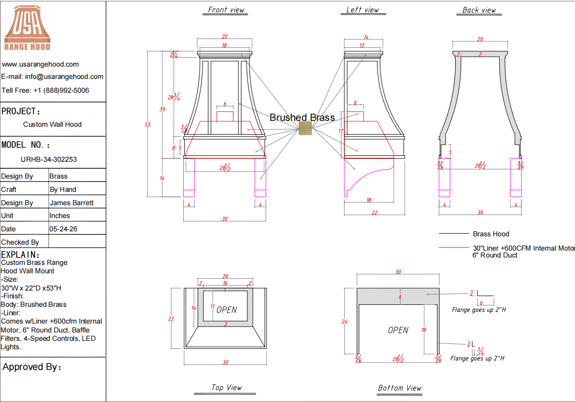 USA Custom Kitchen Hood-URHB-34-50％-Deposit-Custom-Link for Susan