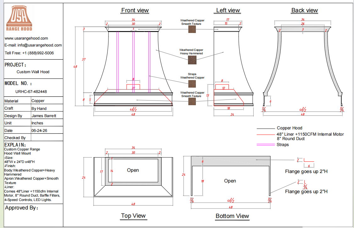 USA Custom Vent Hood-URHC-67-Custom Link for JACKIE SENGER