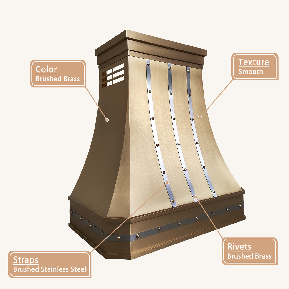 USA Artisan Brass Range Hood Featuring Stainless Steel Straps URHB-89