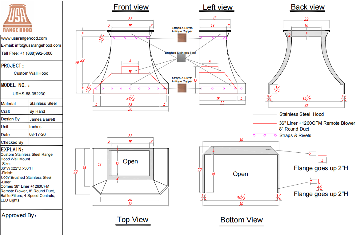 USA Custom Range Hood-URHS-68-Custom Link for Ismael