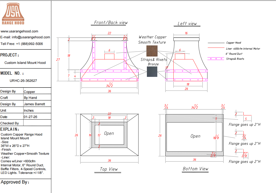 USA Custom Range Hood-URHC-26 Custom Link for Malissa Kaping