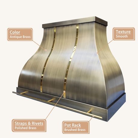 USA Antique Brass Range Hood with Artisan Pot Rack URHB-80
