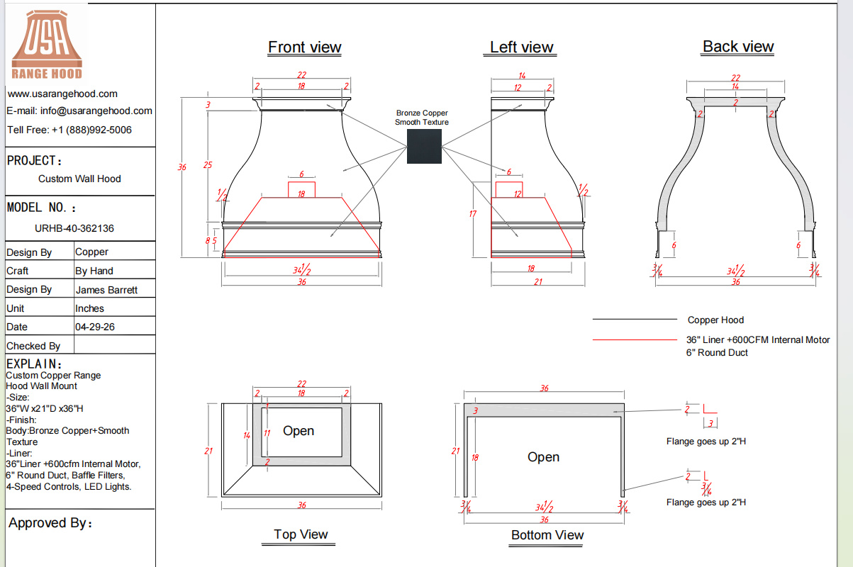 USA Custom Range Hood-URHB-40 - Custom Link for Jennifer 