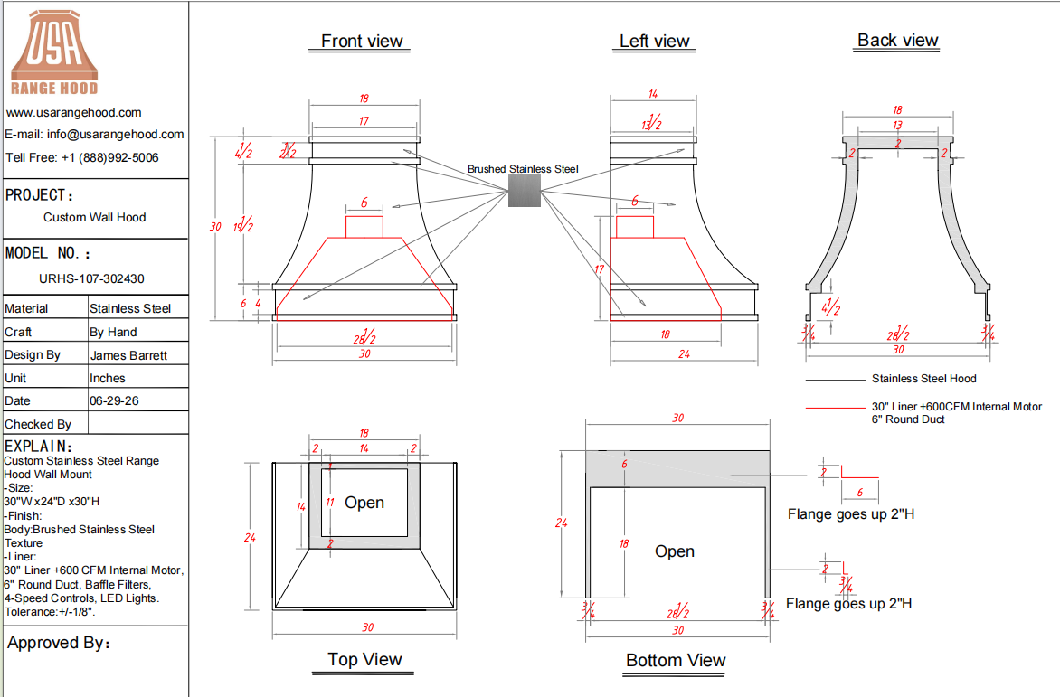 USA Custom Kitchen Hood-URHS-107-Custom Link for Andreas Balalis