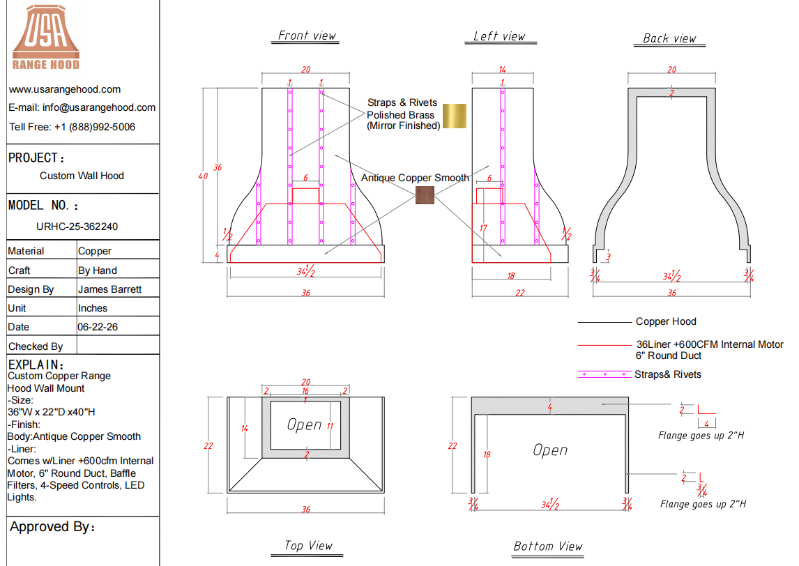 USA Custom Kitchen Hood-URHC-25-Custom Link for Alex Braverman