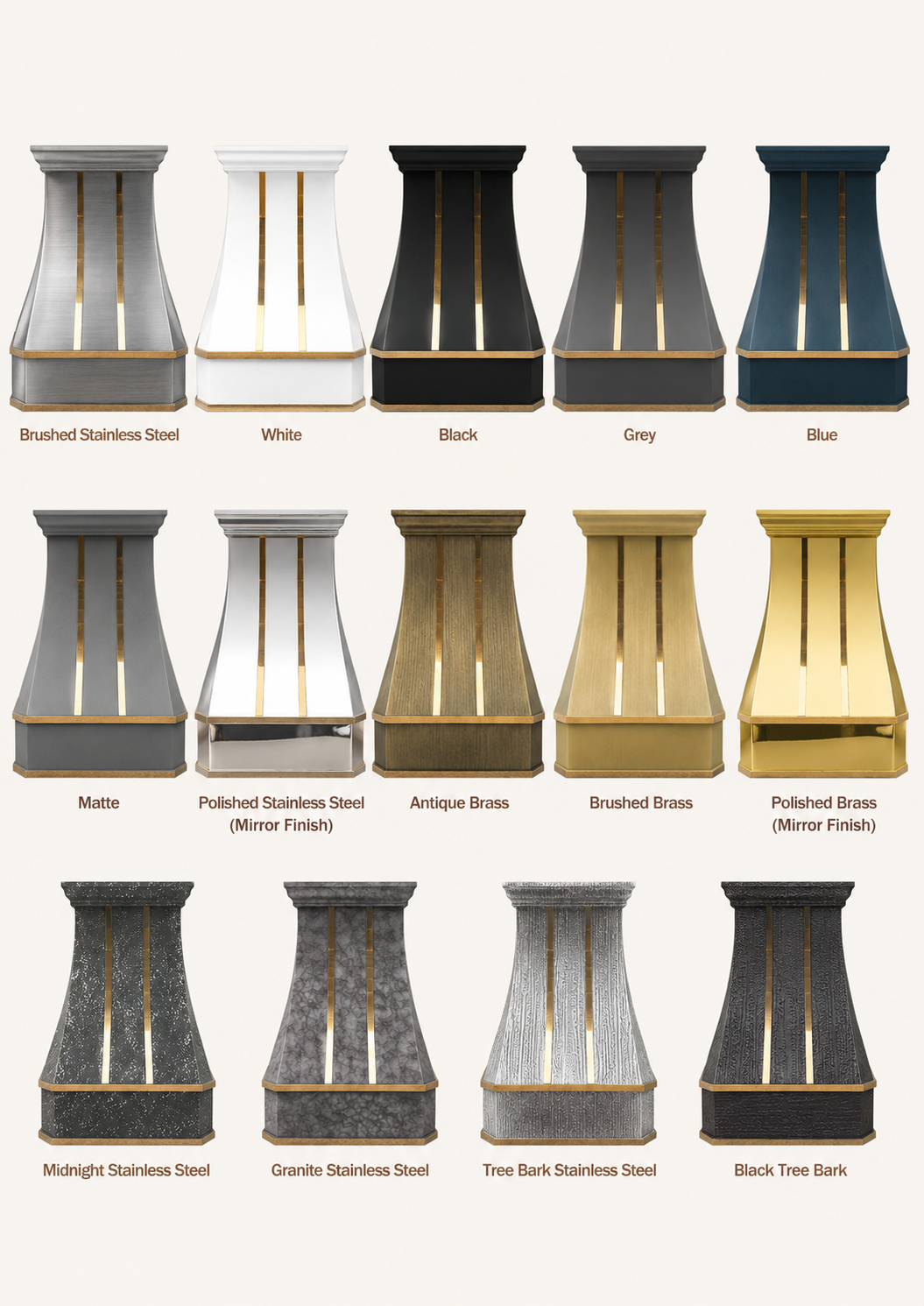 USA Premium Black Metal Range Hood with Curved Design & Brass Trim URHS-106