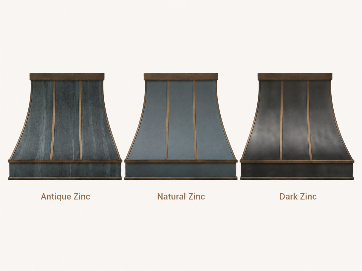 USA Custom Sculptural Zinc Range Hood with Aged Brass Detailing URHZ-11