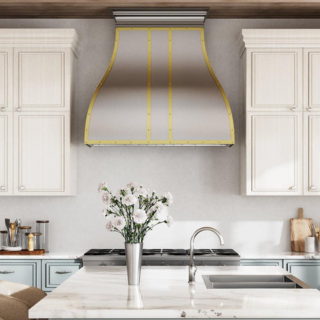 USA Bell Custom Kitchen Hood Stainless Steel with Brass Straps URHS-38-Custom Stainless Steel Range Hood > Luxury Kitchen Hood > High-End Metal Vent Hood-USA Range Hood