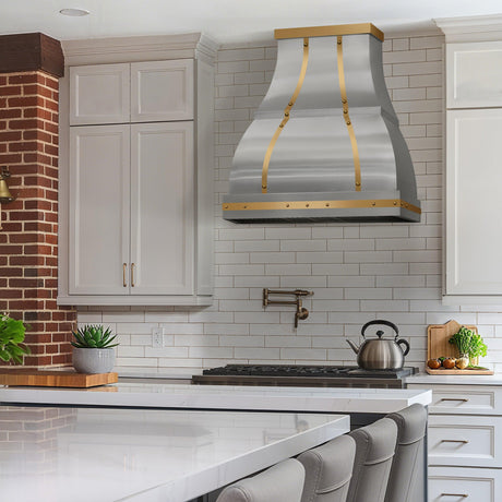USA Bell Stainless Steel Range Hood with Brass Accents URHS-77-Custom Stainless Steel Range Hood > Luxury Kitchen Hood > High-End Metal Vent Hood-USA Range Hood