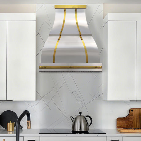 USA Bell Stainless Steel Range Hood with Polished Brass Accents URHS-101-Custom Stainless Steel Range Hood > Luxury Kitchen Hood > High-End Metal Vent Hood-USA Range Hood