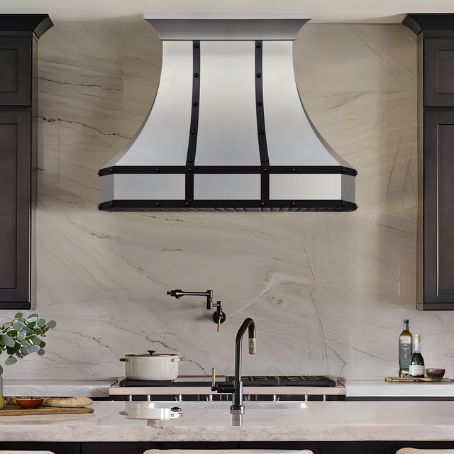 USA Brushed Stainless Steel Custom Range Hood with Black Accents URHS-82-Custom Stainless Steel Range Hood > Luxury Kitchen Hood > High-End Metal Vent Hood-USA Range Hood