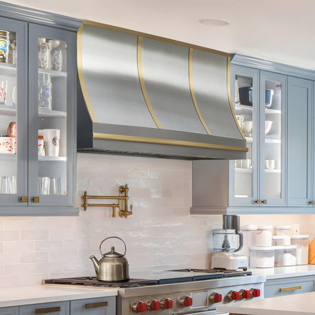 USA California Luxury Stainless Steel Range Hood with Brushed Brass Trim URHS-64-Custom Stainless Steel Range Hood > Luxury Kitchen Hood > High-End Metal Vent Hood-USA Range Hood
