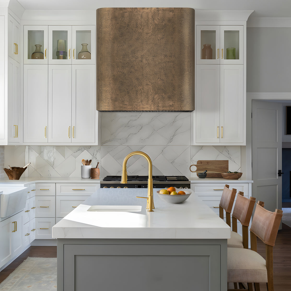 USA Chicago Antique Brass Stove Hood with Soft Hammered URHB-52-Custom Brass Range Hood > Luxury Metal Hood > High-End Kitchen Vent Hood-USA Range Hood