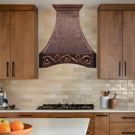 USA Classic Antique Copper Exhaust Hood with Decorative Arch Bottom URHC-55-Custom Copper Range Hood > Luxury Metal Hood > High-End Kitchen Vent Hood-USA Range Hood