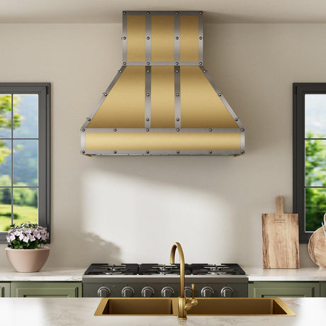 USA Classic Brass Modern Vent Hood with Stainless Steel Straps URHB-12-Custom Brass Range Hood > Luxury Metal Hood > High-End Kitchen Vent Hood-USA Range Hood